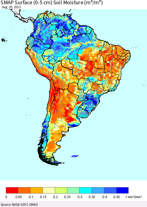 South America SMAP Surface (0-5 cm) Soil Moisture (m³/m³) Thematic Map For 8/16/2023 - 8/20/2023