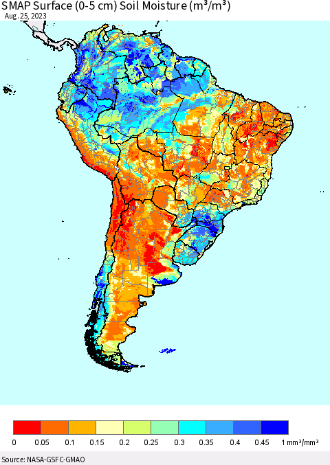 South America SMAP Surface (0-5 cm) Soil Moisture (m³/m³) Thematic Map For 8/21/2023 - 8/25/2023