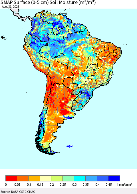 South America SMAP Surface (0-5 cm) Soil Moisture (m³/m³) Thematic Map For 8/26/2023 - 8/31/2023