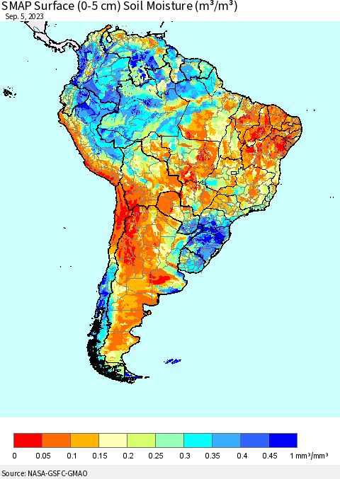 South America SMAP Surface (0-5 cm) Soil Moisture (m³/m³) Thematic Map For 9/1/2023 - 9/5/2023