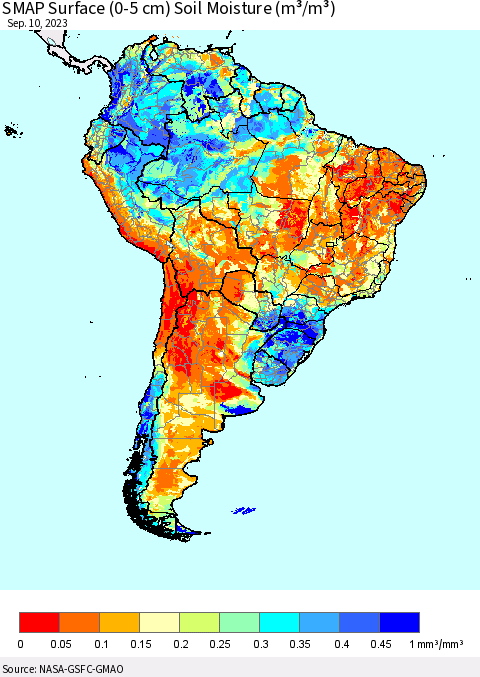 South America SMAP Surface (0-5 cm) Soil Moisture (m³/m³) Thematic Map For 9/6/2023 - 9/10/2023