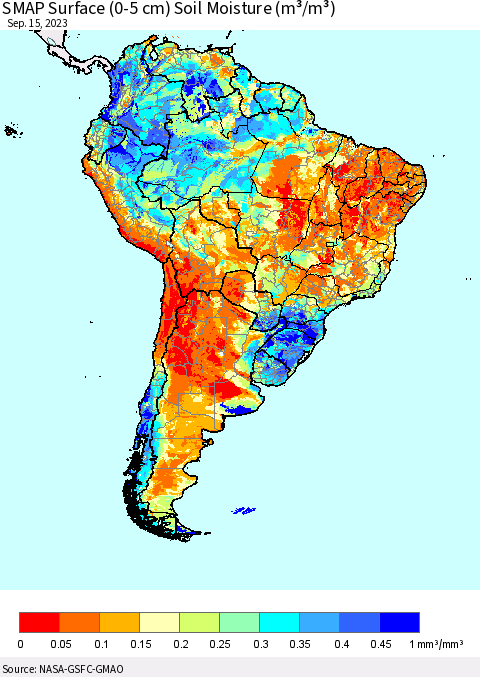 South America SMAP Surface (0-5 cm) Soil Moisture (m³/m³) Thematic Map For 9/11/2023 - 9/15/2023