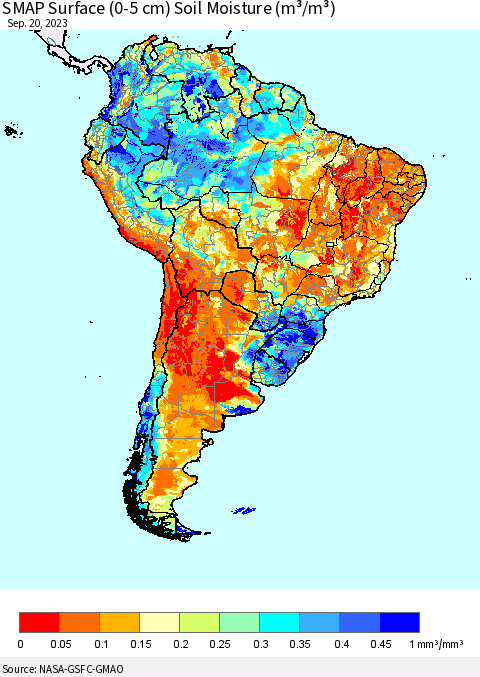 South America SMAP Surface (0-5 cm) Soil Moisture (m³/m³) Thematic Map For 9/16/2023 - 9/20/2023