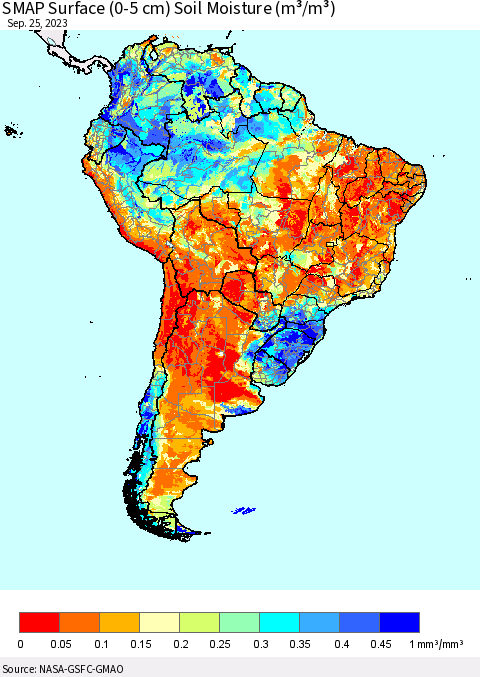 South America SMAP Surface (0-5 cm) Soil Moisture (m³/m³) Thematic Map For 9/21/2023 - 9/25/2023