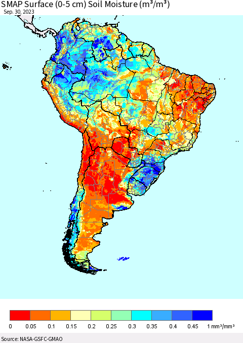 South America SMAP Surface (0-5 cm) Soil Moisture (m³/m³) Thematic Map For 9/26/2023 - 9/30/2023
