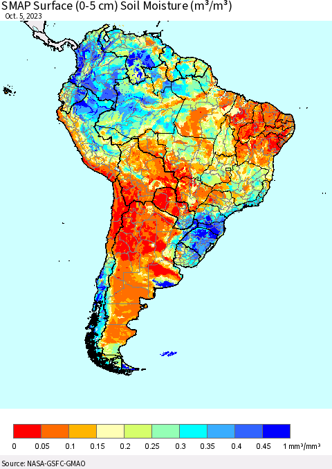 South America SMAP Surface (0-5 cm) Soil Moisture (m³/m³) Thematic Map For 10/1/2023 - 10/5/2023
