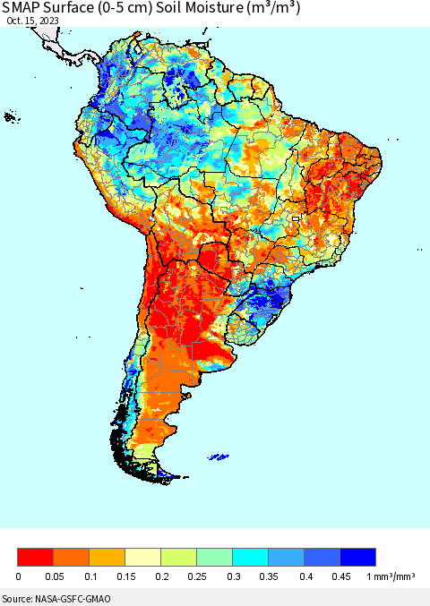 South America SMAP Surface (0-5 cm) Soil Moisture (m³/m³) Thematic Map For 10/11/2023 - 10/15/2023