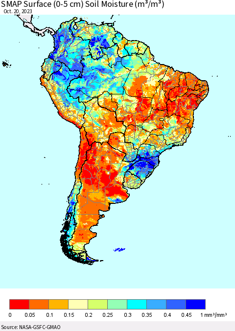 South America SMAP Surface (0-5 cm) Soil Moisture (m³/m³) Thematic Map For 10/16/2023 - 10/20/2023