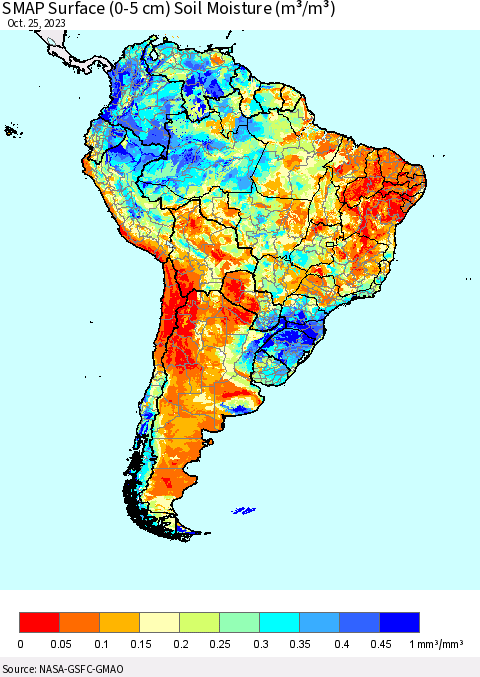 South America SMAP Surface (0-5 cm) Soil Moisture (m³/m³) Thematic Map For 10/21/2023 - 10/25/2023