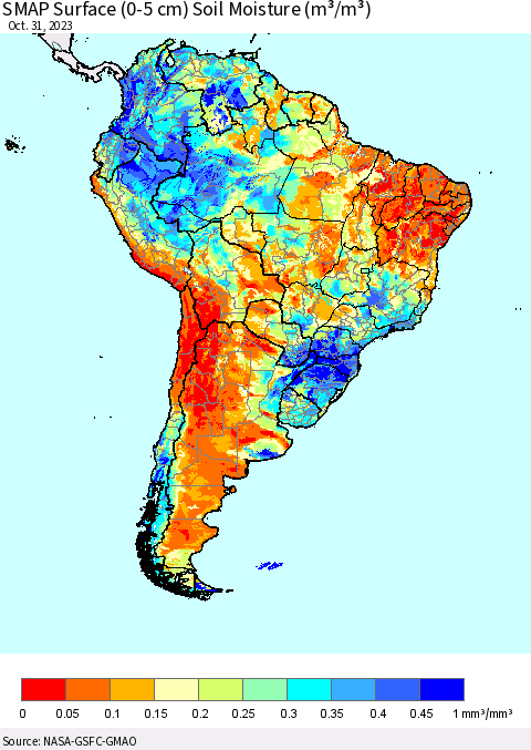 South America SMAP Surface (0-5 cm) Soil Moisture (m³/m³) Thematic Map For 10/26/2023 - 10/31/2023