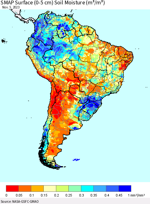 South America SMAP Surface (0-5 cm) Soil Moisture (m³/m³) Thematic Map For 11/1/2023 - 11/5/2023