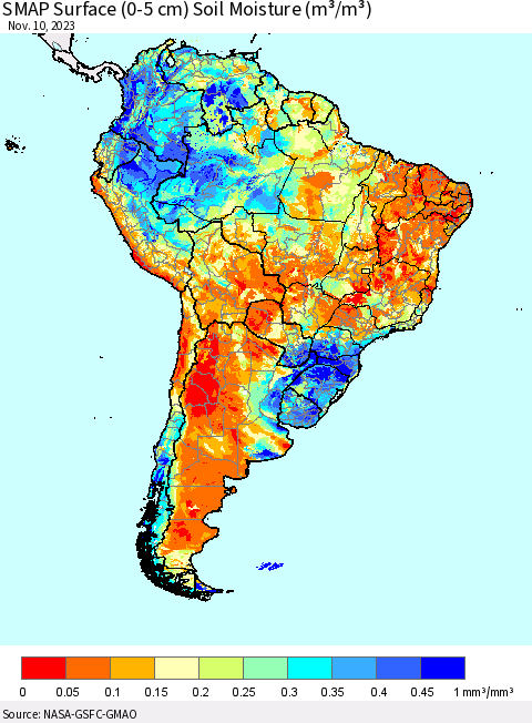 South America SMAP Surface (0-5 cm) Soil Moisture (m³/m³) Thematic Map For 11/6/2023 - 11/10/2023