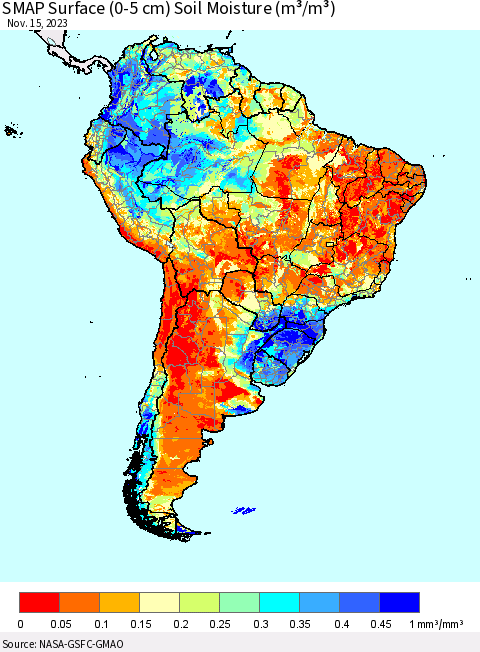South America SMAP Surface (0-5 cm) Soil Moisture (m³/m³) Thematic Map For 11/11/2023 - 11/15/2023