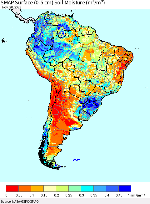 South America SMAP Surface (0-5 cm) Soil Moisture (m³/m³) Thematic Map For 11/16/2023 - 11/20/2023