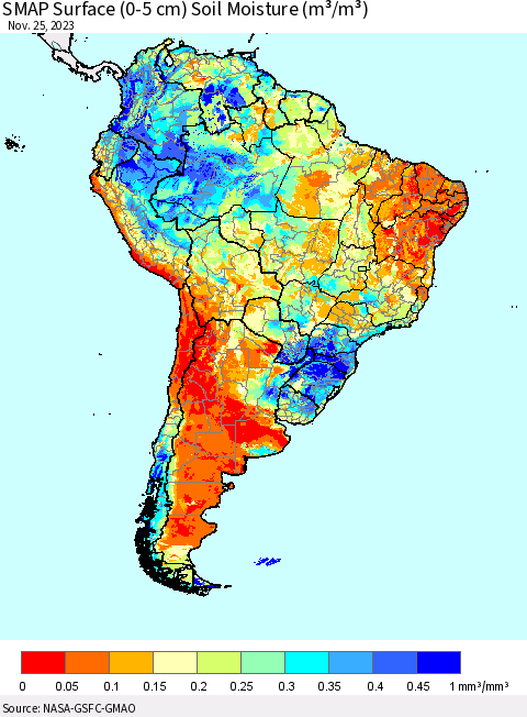 South America SMAP Surface (0-5 cm) Soil Moisture (m³/m³) Thematic Map For 11/21/2023 - 11/25/2023