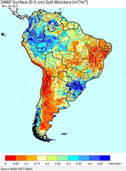 South America SMAP Surface (0-5 cm) Soil Moisture (m³/m³) Thematic Map For 11/26/2023 - 11/30/2023