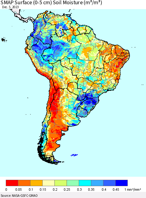 South America SMAP Surface (0-5 cm) Soil Moisture (m³/m³) Thematic Map For 12/1/2023 - 12/5/2023