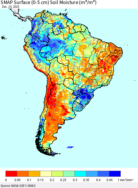 South America SMAP Surface (0-5 cm) Soil Moisture (m³/m³) Thematic Map For 12/6/2023 - 12/10/2023