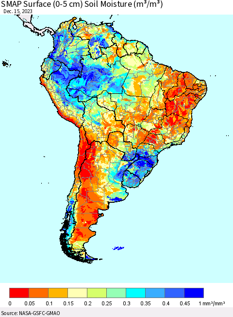 South America SMAP Surface (0-5 cm) Soil Moisture (m³/m³) Thematic Map For 12/11/2023 - 12/15/2023