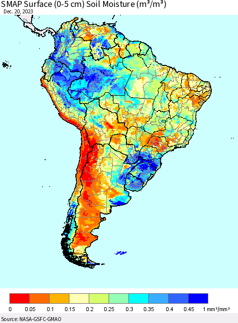 South America SMAP Surface (0-5 cm) Soil Moisture (m³/m³) Thematic Map For 12/16/2023 - 12/20/2023