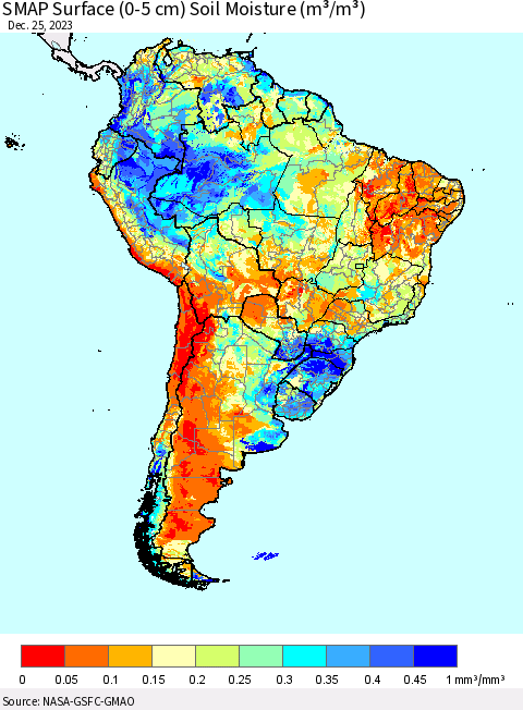 South America SMAP Surface (0-5 cm) Soil Moisture (m³/m³) Thematic Map For 12/21/2023 - 12/25/2023