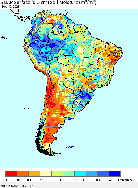 South America SMAP Surface (0-5 cm) Soil Moisture (m³/m³) Thematic Map For 12/26/2023 - 12/31/2023