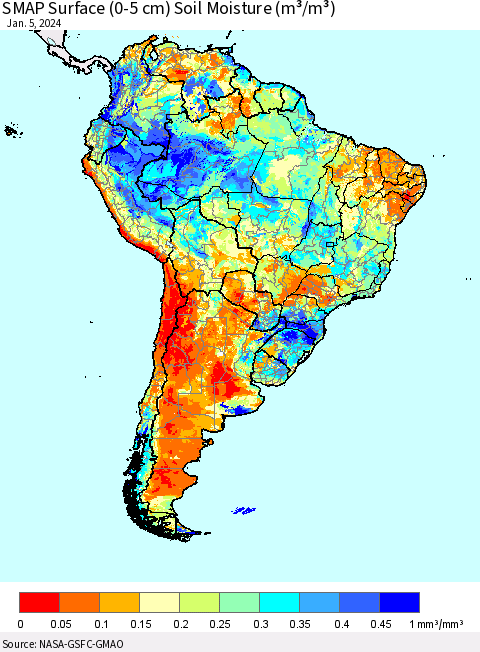 South America SMAP Surface (0-5 cm) Soil Moisture (m³/m³) Thematic Map For 1/1/2024 - 1/5/2024