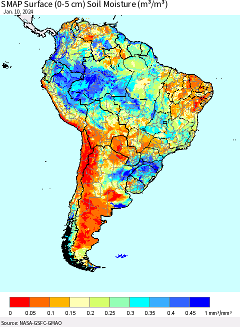 South America SMAP Surface (0-5 cm) Soil Moisture (m³/m³) Thematic Map For 1/6/2024 - 1/10/2024