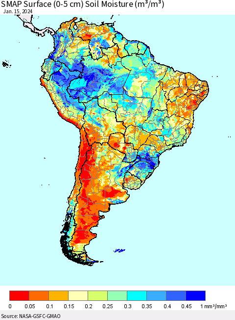 South America SMAP Surface (0-5 cm) Soil Moisture (m³/m³) Thematic Map For 1/11/2024 - 1/15/2024