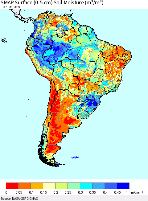 South America SMAP Surface (0-5 cm) Soil Moisture (m³/m³) Thematic Map For 1/16/2024 - 1/20/2024