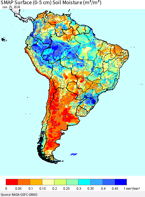 South America SMAP Surface (0-5 cm) Soil Moisture (m³/m³) Thematic Map For 1/21/2024 - 1/25/2024