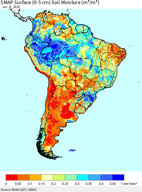 South America SMAP Surface (0-5 cm) Soil Moisture (m³/m³) Thematic Map For 1/26/2024 - 1/31/2024
