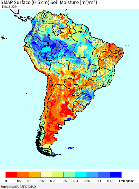 South America SMAP Surface (0-5 cm) Soil Moisture (m³/m³) Thematic Map For 2/1/2024 - 2/5/2024