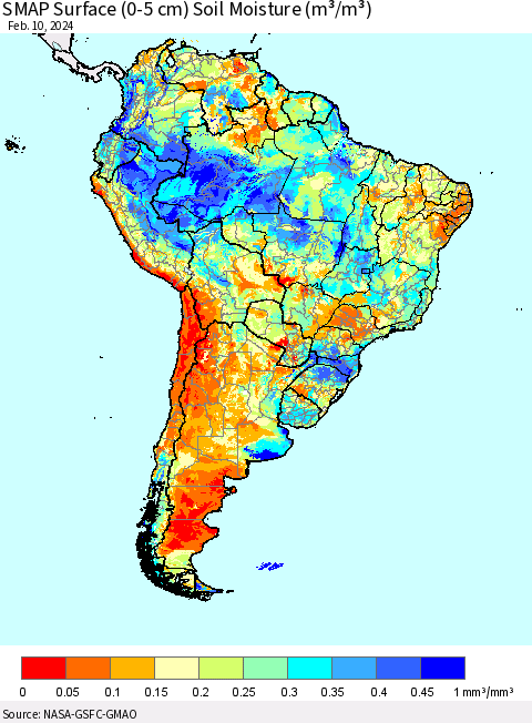South America SMAP Surface (0-5 cm) Soil Moisture (m³/m³) Thematic Map For 2/6/2024 - 2/10/2024