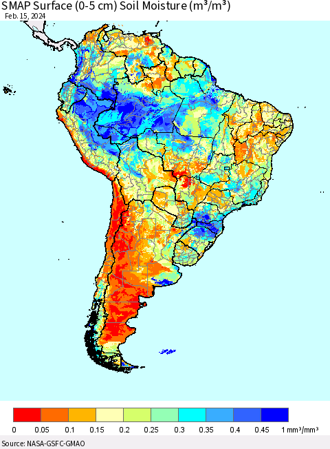 South America SMAP Surface (0-5 cm) Soil Moisture (m³/m³) Thematic Map For 2/11/2024 - 2/15/2024