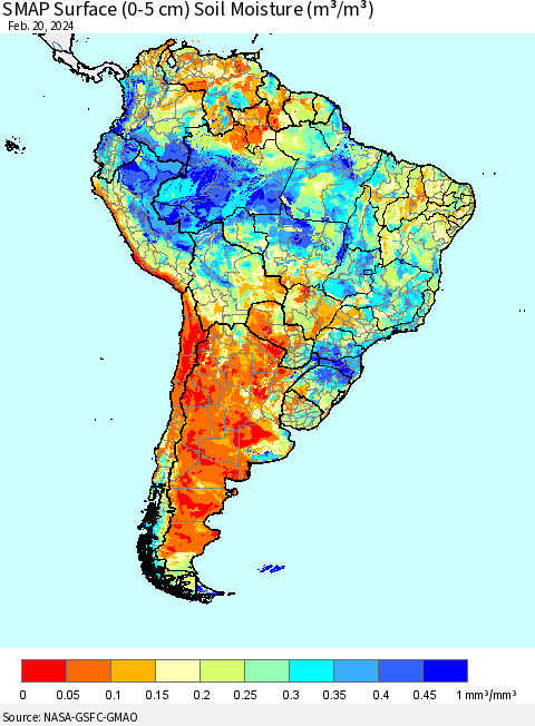 South America SMAP Surface (0-5 cm) Soil Moisture (m³/m³) Thematic Map For 2/16/2024 - 2/20/2024