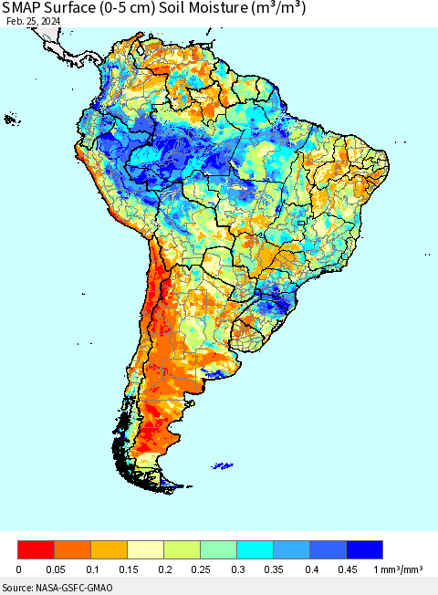 South America SMAP Surface (0-5 cm) Soil Moisture (m³/m³) Thematic Map For 2/21/2024 - 2/25/2024