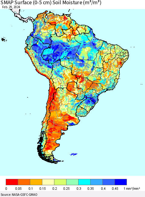 South America SMAP Surface (0-5 cm) Soil Moisture (m³/m³) Thematic Map For 2/26/2024 - 2/29/2024