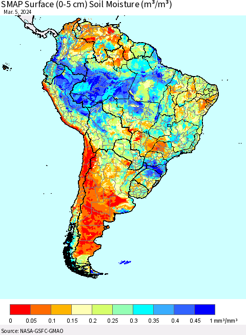 South America SMAP Surface (0-5 cm) Soil Moisture (m³/m³) Thematic Map For 3/1/2024 - 3/5/2024