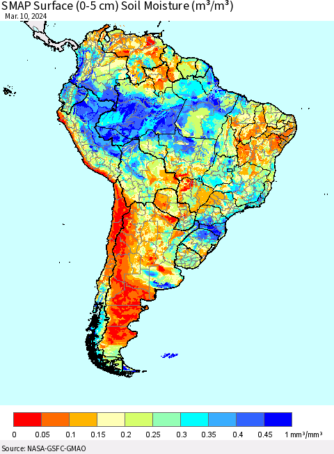 South America SMAP Surface (0-5 cm) Soil Moisture (m³/m³) Thematic Map For 3/6/2024 - 3/10/2024