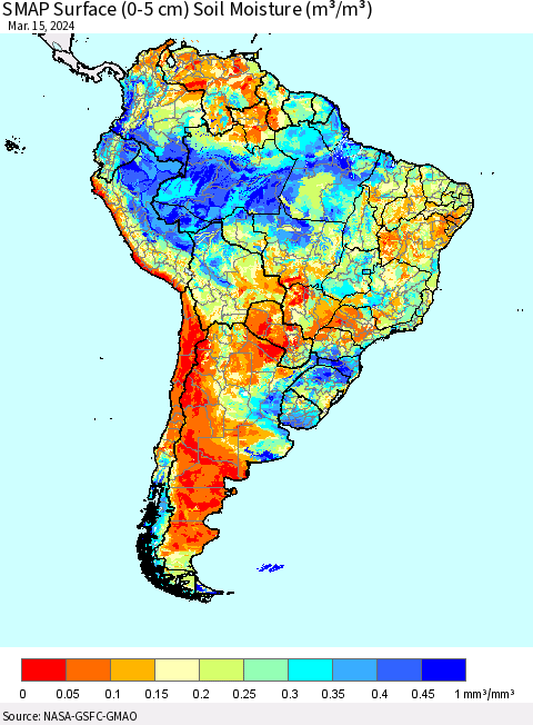 South America SMAP Surface (0-5 cm) Soil Moisture (m³/m³) Thematic Map For 3/11/2024 - 3/15/2024