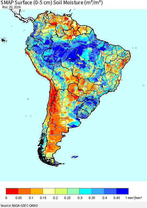 South America SMAP Surface (0-5 cm) Soil Moisture (m³/m³) Thematic Map For 3/16/2024 - 3/20/2024