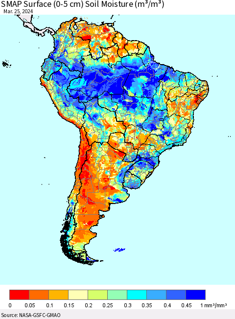 South America SMAP Surface (0-5 cm) Soil Moisture (m³/m³) Thematic Map For 3/21/2024 - 3/25/2024
