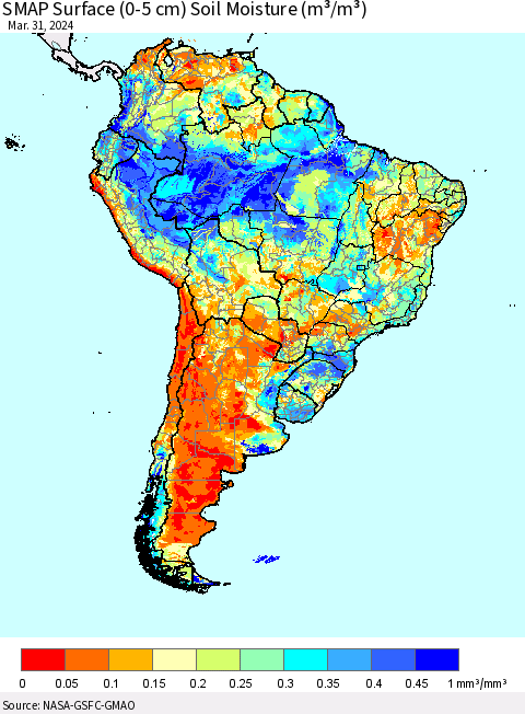 South America SMAP Surface (0-5 cm) Soil Moisture (m³/m³) Thematic Map For 3/26/2024 - 3/31/2024