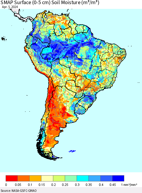 South America SMAP Surface (0-5 cm) Soil Moisture (m³/m³) Thematic Map For 4/1/2024 - 4/5/2024
