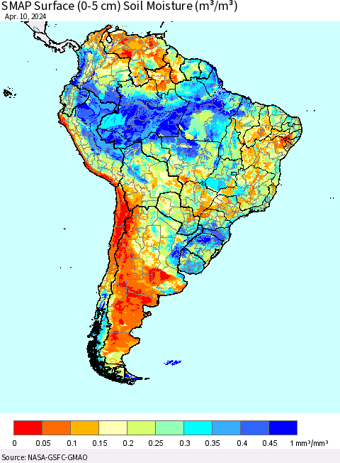 South America SMAP Surface (0-5 cm) Soil Moisture (m³/m³) Thematic Map For 4/6/2024 - 4/10/2024