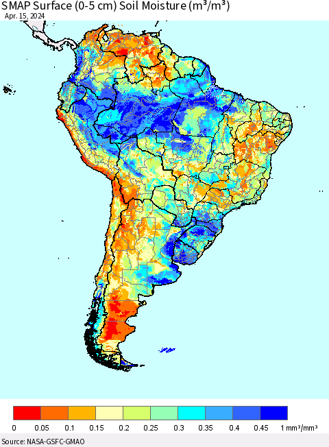 South America SMAP Surface (0-5 cm) Soil Moisture (m³/m³) Thematic Map For 4/11/2024 - 4/15/2024