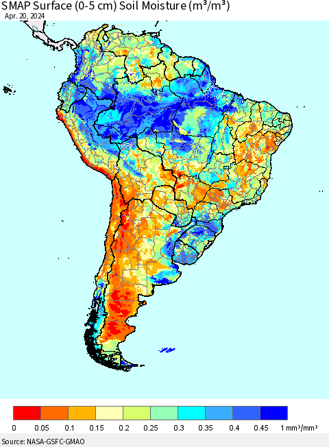 South America SMAP Surface (0-5 cm) Soil Moisture (m³/m³) Thematic Map For 4/16/2024 - 4/20/2024