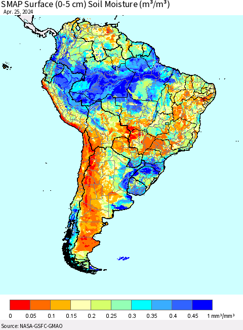 South America SMAP Surface (0-5 cm) Soil Moisture (m³/m³) Thematic Map For 4/21/2024 - 4/25/2024