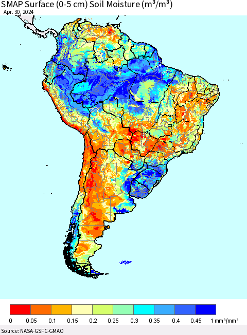 South America SMAP Surface (0-5 cm) Soil Moisture (m³/m³) Thematic Map For 4/26/2024 - 4/30/2024